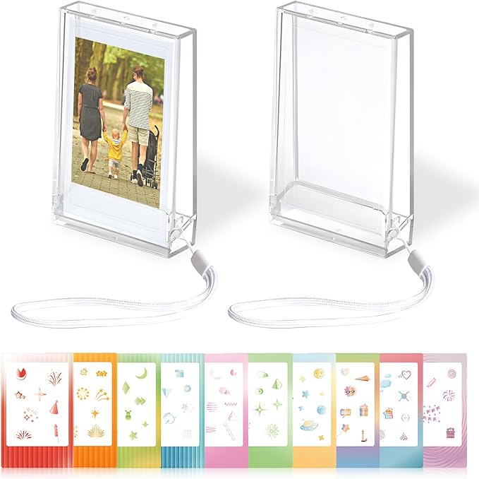 2 Pack 2x3 Mini Photo Case, Picture Holder Storage Box Fits for 3 inch Photo Organizer, Clear Small Film Holder with 5 Sheet Cute Sticker, Photo Protective Case with Wrist Lanyard for Travel