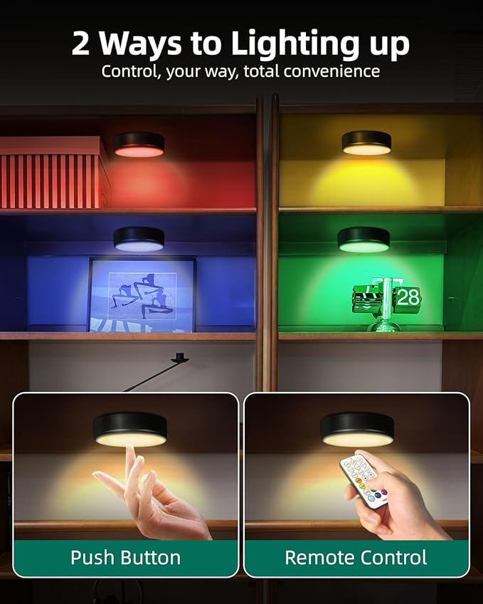 Puck Lights with Remote, 1800mAh Rechargeable Under Cabinet Lighting, 3 Color Temps & 7 RGB Colors, Long-Lasting Dimmable Stick-On Lights for Cabinet, Kitchen, Shelf, Party 1-Pack