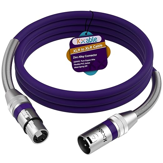 XLR Microphone Cable 6 FT, XLR Male to Female Balanced Mic Cable, 3-Pin Shielded Speaker Cord, Zinc Alloy Connectors, 22AWG Pure Copper, Metal Spring SR, Recording Studio, Podcast, Purple