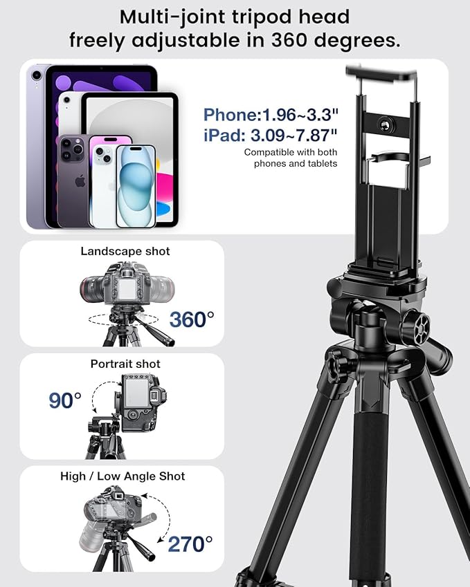 CAMBOFOTO 73" Camera Tripod and Monopod, Professional Aluminum Tripod Stand for Mirrorless Camera/DSLR/Cell Phone/Camcorder/GoPro, with Phone Holder and Travel Bag (Black)