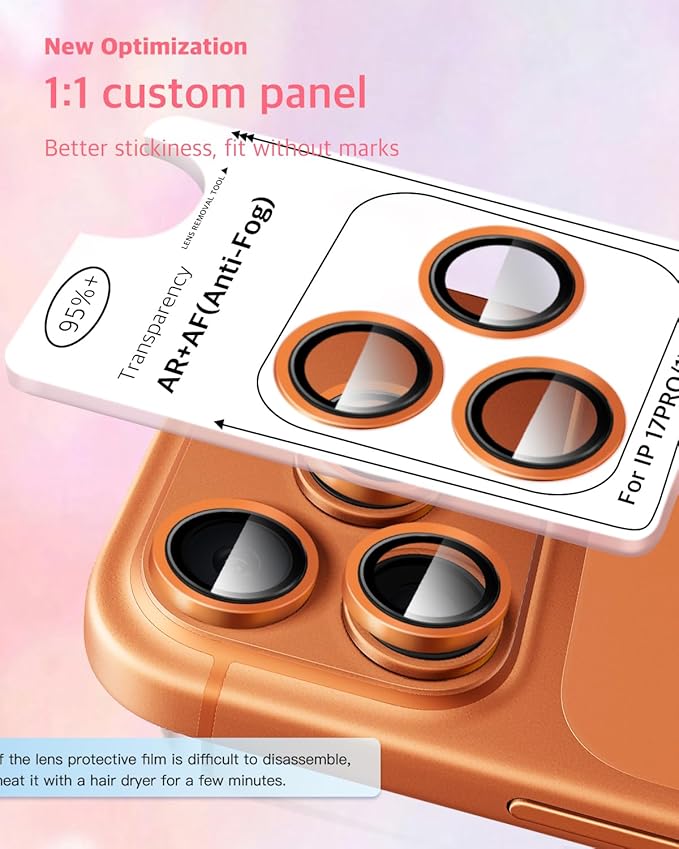 Compatible with iPhone 17 Pro Max/17 Pro Camera Lens Protector-1:1 Invisible Fit,Ultra Clarity,Military-Grade 10H+ Aerospace Glass,Anti-Scratch & Easy Installation-Cosmic Orange