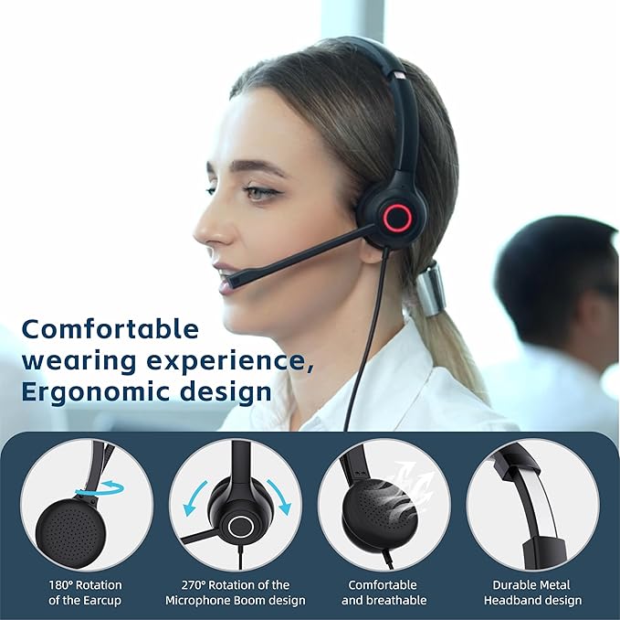VoicePro 80 Office Wired Computer Headset with Teams Focus Busy Light | Noise Canceling Microphone | in-line Call Control | Compatible With All Call Platforms | USB-A and USB-C for PC and Cell Phone