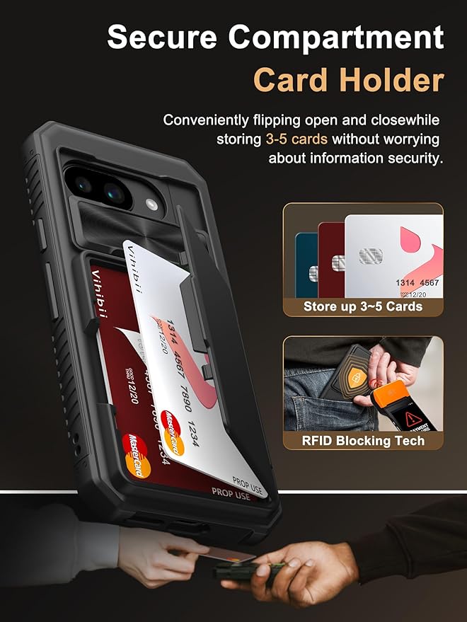 Vihibii for Google Pixel 9a Wallet Case with Card Holder (4 Cards), [RFID Blocking] & Slide Camera Cover & Raised Edges Protect Screen, Shockproof Rugged Phone Cover for Google Pixel 9a 2025, Black