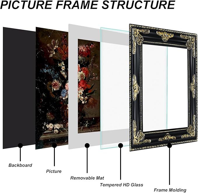 8x10 Black Vintage Picture Frame Ornate Baroque Gothic Victorian Frames with Mat for 5x7 or 8 x 10 Photos, Tabletop or Wall Display, Antique Home Decor Accent
