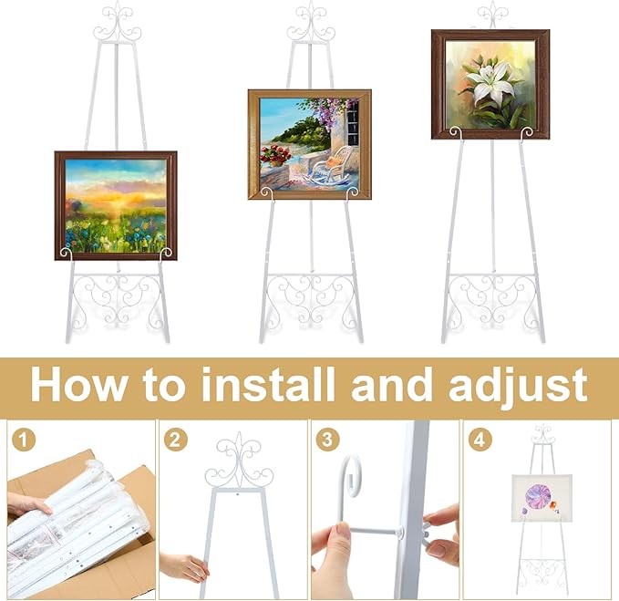 White Easel Stand for Wedding Sign, 55'' Adjustable Vintage Scroll Floor Display Stand with Chain Support for Welcome Poster, Photo, Art, Decorative Event Display