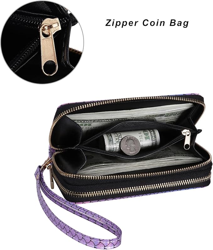 Cellphone Wallet for Women Dual Zipper Long Purse with Removable Wristlet