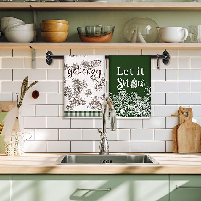 Preboun 6 Pcs Christmas Kitchen Towels Winter Hand Towels Pine Cones Pine Needles Dish Cloth Xmas Decorative Farmhouse Tea Cloth Absorbent for Holiday Kitchen Bathroom Decor