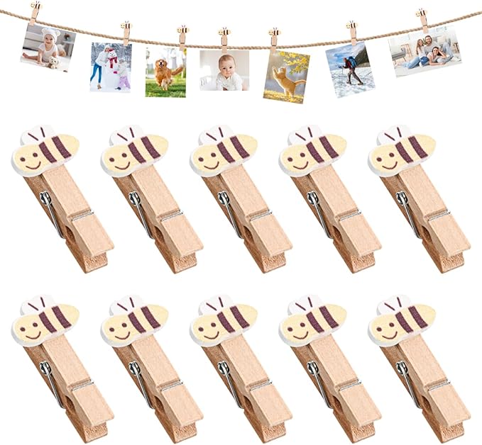 BESTonZON 30 Pcs Hanging Photo Display with Clips Twine Cartoon Bee Mini Clothespins for Photo Display Craft Snack Clips Party Decoration