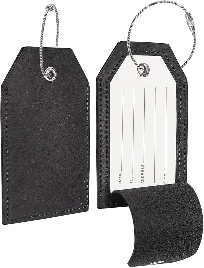 Genuine Leather Set of 2 Luggage Tag with Full Back Privacy Name ID Card Stainless Steel Loop Suitcase Labels Identifiers Baggage Tags Luggage for Women Men Travel (Black)