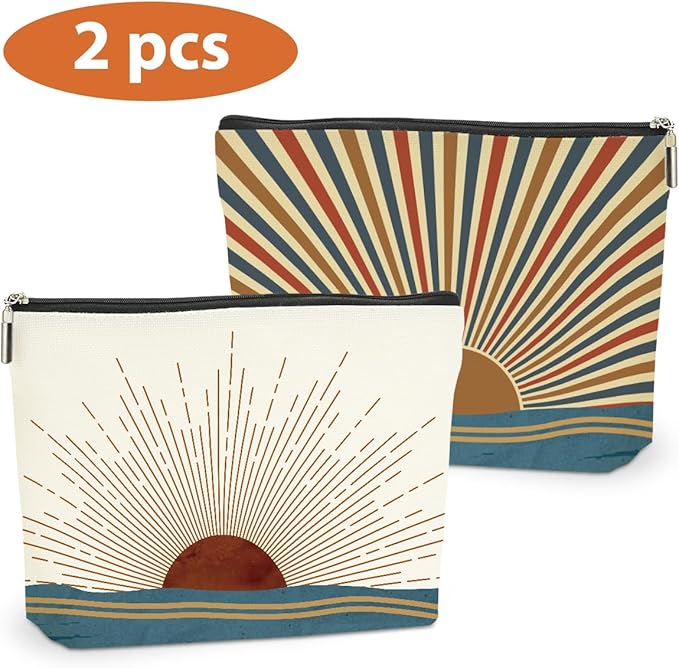 2PCS Boho Makeup Bag, Boho Gifts for Women, Sunlight Rays Natural Linen Zipper Pouch Best Gifts for Girls Sister Travel Sunshine Cosmetic Bag