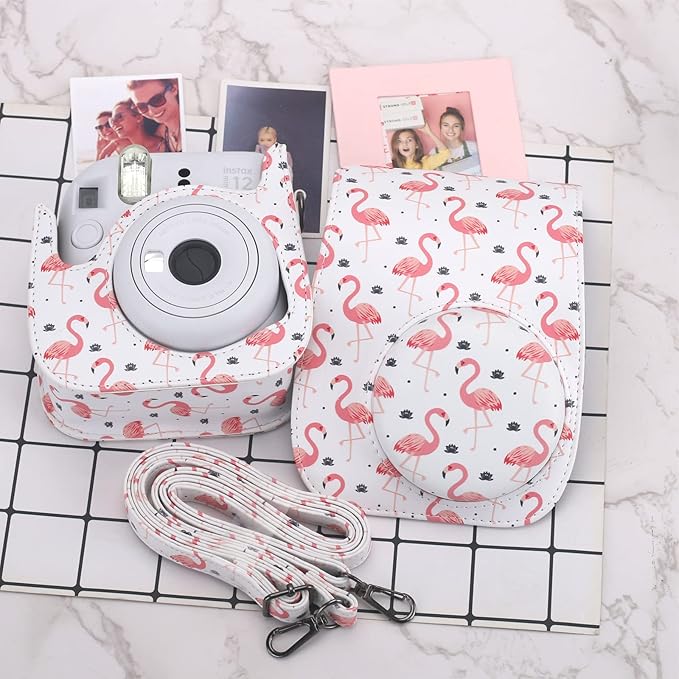 Frankmate Protective Case Compatible with Fujifilm Instax Mini 12 11 9 8 Instant Film Camera with Pocket and Adjustable Strap (Pink Flamingo)