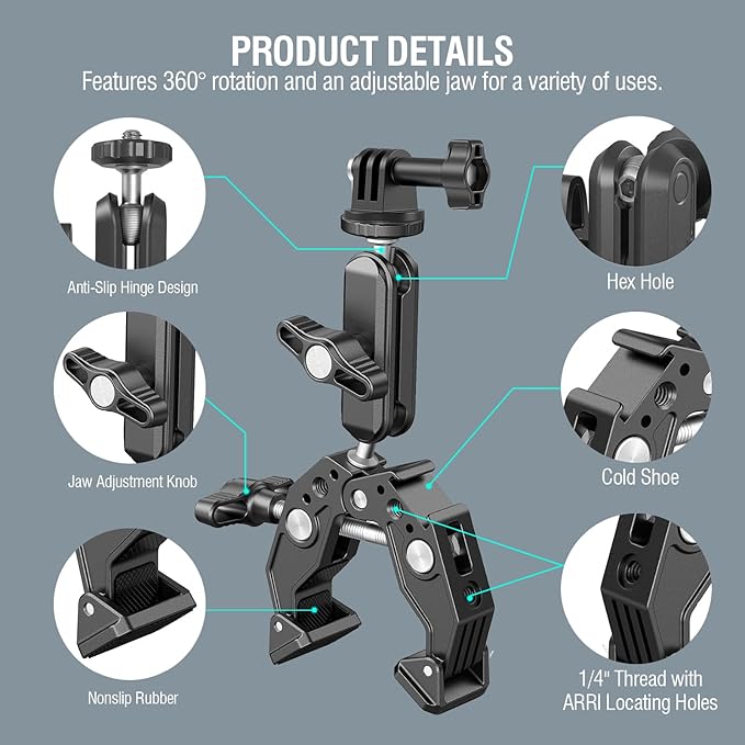 Super Clamp Camera Clamp Mount Monitor 360° Ballhead Magic Arm Double Ball Head Adapter with 1/4"-20 & 3/8"-16 Thread for Canon Nikon DSLR Camera