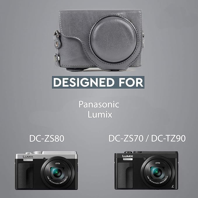 MegaGear MG1261 Ever Ready Leather Camera Case compatible with Panasonic Lumix DC-ZS80, DC-ZS70, DC-TZ95, DC-TZ90 - Gray