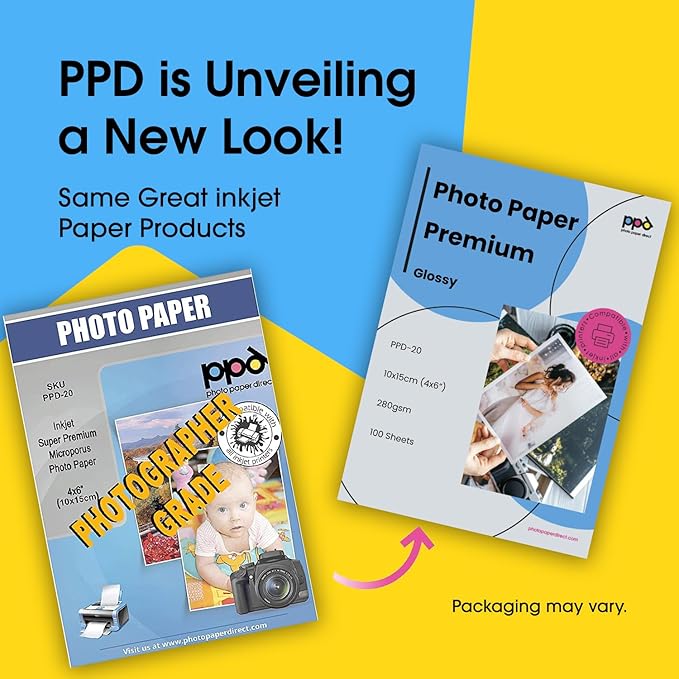 PPD Glossy Photo Paper for Inkjet Printer, 4 x 6" Premium Quality Printable Sheets for Custom Picture, Professional Photographic Instant Dry For with Normal, Dye or Pigment Ink (100 Pack/255 gsm)