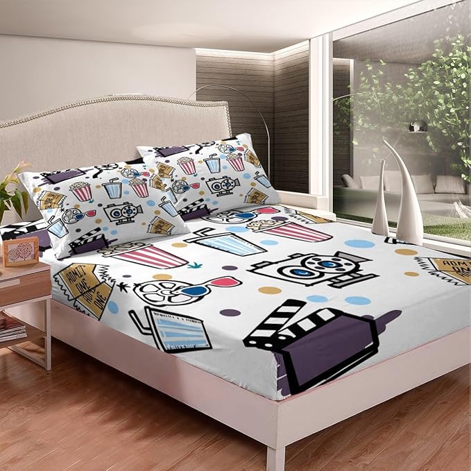 Movie Theme Sheet Set Home Theater Decor Bed Sheets Set for Family Kids Film Theme Decor Sheets Clapboard Popcorn Filmstrip Print Flat Sheet Home Movie Theater Room Decor Fitted Sheet Twin