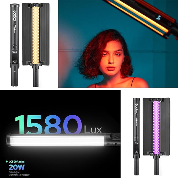 Godox LC500R Mini RGB Video Light Stick - Adjustable 360° Full Color Handheld LED Light Wand with Battery Grip and Barndoor