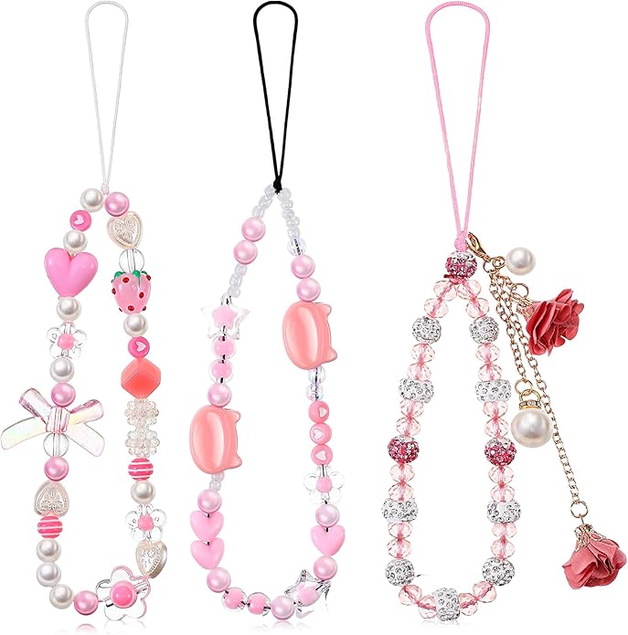 Ecally 3 Pcs Phone Charms Strap Camera Charm Strap Pearl Beaded Butterfly Bow Flower Cute Phone Wrist Lanyard Bracelet for Camera Keychain Wallet Decor Easter Gifts