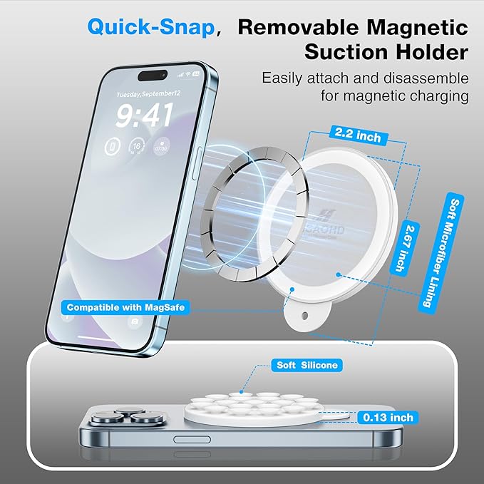 Magnetic Suction Cup Phone Mount, Compatible with MagSafe, Silicone Octo Cup Buddy Sticky Grip Holder for iPhone and Android, Removable Hands-Free Phone Stand Selfie/Video for TikTok, White