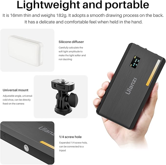 ULANZI VL200 Bi-Color LED Video Light, On-Camera Video Light, Type-C Rechargeable 5000mAh Mini Camera Light, 2500-9000K Ultra Bright Photo and Video Lighting, Fill Light, Potable Photography Lighting