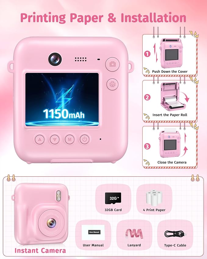 Instant Camera, Dual-Lens Kids Camera Instant Print for Boys Girls Christmas Birthday Gifts, 1080P Digital Cameras for Kids Teens with Print Paper, 32GB Card, Toddle Toy for Age 4-12 Years(Pink)