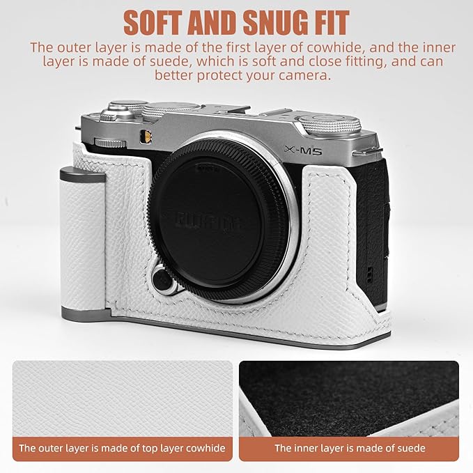 Uchandmade Handmade Genuine Leather Camera Half Case for Fujifilm X-M5/Fujifilm X-M5 Camera Case/Fujifilm X-M5 Case - Top Layer Cowhide Body + Metal Base Plate+ Hand Shank Design (White)