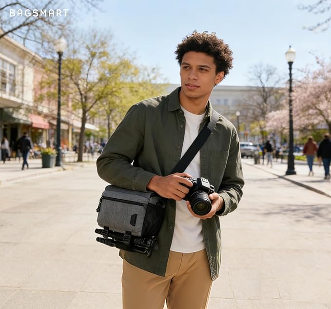 BAGSMART Small Camera Sling Bag for Photographers, Compact Camera Shoulder Bags for DSLR/SLR/Mirrorless Cameras, Waterproof Crossbody Camera Case with Tripod Holder, Grey