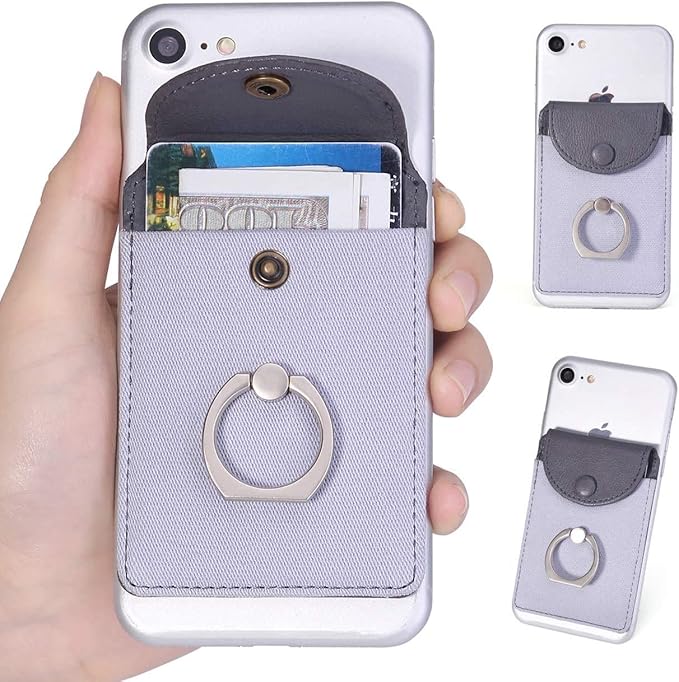 Credit Card Holder for Back of Phone with Ring Stand Stick on Phone Wallet,Ultra-Slim Self Adhesive,RFID Blocking Ring Pocket Wallet Stick on Most Smartphones(Finger Ring Gray)