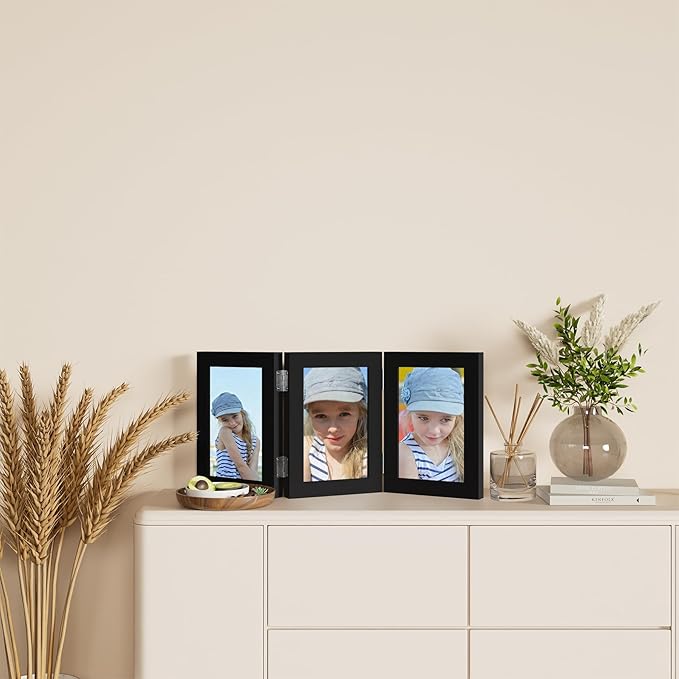 decorUhome Triple 5x7 Picture Frame Vertical, Engineered Wood Trifold Photo Frame with Plexiglass for Tabletop Display, 5x7, Black