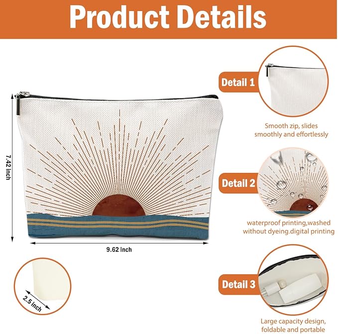 2PCS Boho Makeup Bag, Boho Gifts for Women, Sunlight Rays Natural Linen Zipper Pouch Best Gifts for Girls Sister Travel Sunshine Cosmetic Bag