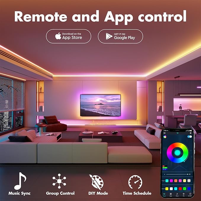 Led Lights for Bedroom 100FT Smart IC+RGB, Music Sync Color Changing Strip Lights, 24Key Remote+App Control Light Strip for BedHead,Underbed,Ceiling,Background Wall(2Rolls of 50FT)