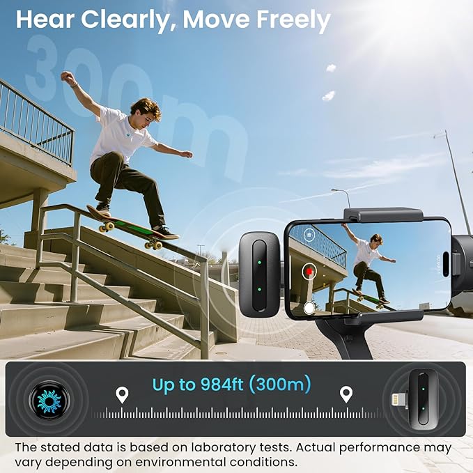 Magnetic Wireless Microphone for iPhone/Camera/Android, Ultralight 9.5g, 984ft Range, 48kHz/24bit, Noise Cancellation, 48H Battery for Video Recording, Streaming