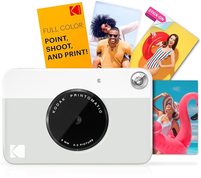 KODAK Printomatic Full-Color Instant Print Camera Gift Bundle + Soft Case + Zink 2x3 Sticky Back Photo Paper 20pk + Album + Sticker Sets + Sticker Frames + Hanging Frames + Markers, Fun Gift - Grey