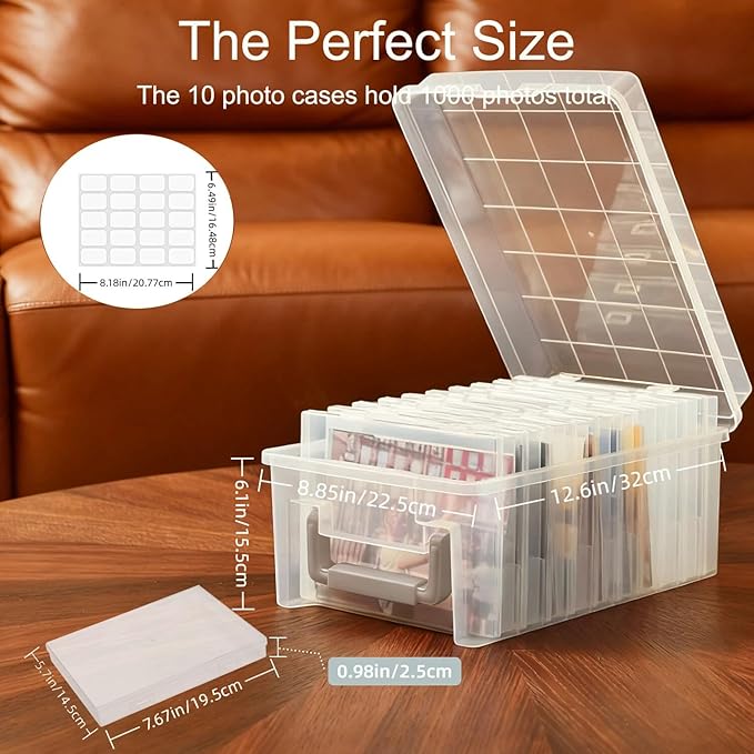 Photo Storage Box 5 x 7 Inches, 10 Inner Extra Large Photo Boxes with Dividers, Clear Acid-Free Photo Storage Containers with Handle, Photo Organizer Craft Keeper for Photo, Craft, Stamp etc