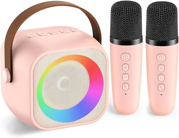 Mini Karaoke Machine for Kids,Birthday Gifts for 3-12 Year Old Girls and Boys, Portable MP3 Player with 2 Wireless Mics for Party,Pink