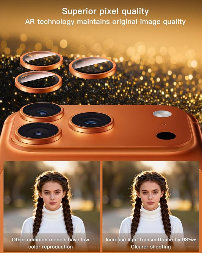 Compatible with iPhone 17 Pro Max/17 Pro Camera Lens Protector-1:1 Invisible Fit,Ultra Clarity,Military-Grade 10H+ Aerospace Glass,Anti-Scratch & Easy Installation-Cosmic Orange