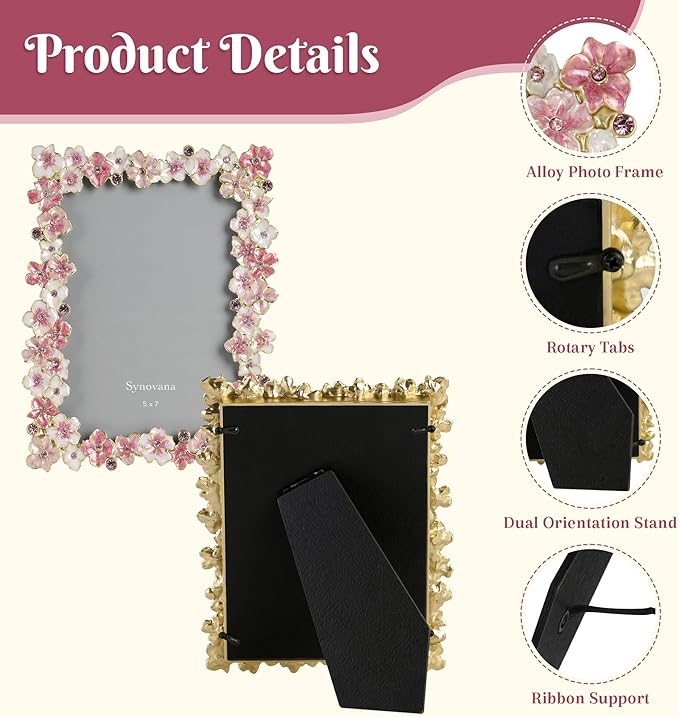 Pink Flower Picture Frame 5x7 Blossom Photo Frame for Tabletop Display, Decorative Flower Design Home Decor