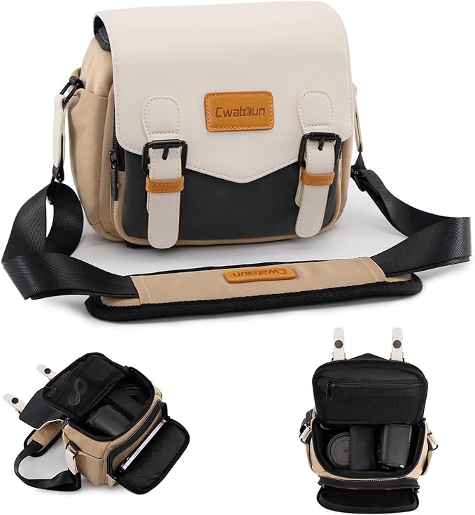 Cwatcun Camera Shoulder Bag Compact Camera Case, Small Waterproof Camera Messenger Bag with Tripod Holder, Travel Photography Bag for Canon, Nikon, Sony, Fuji DSLR/SLR/Mirrorless Camera, Lens