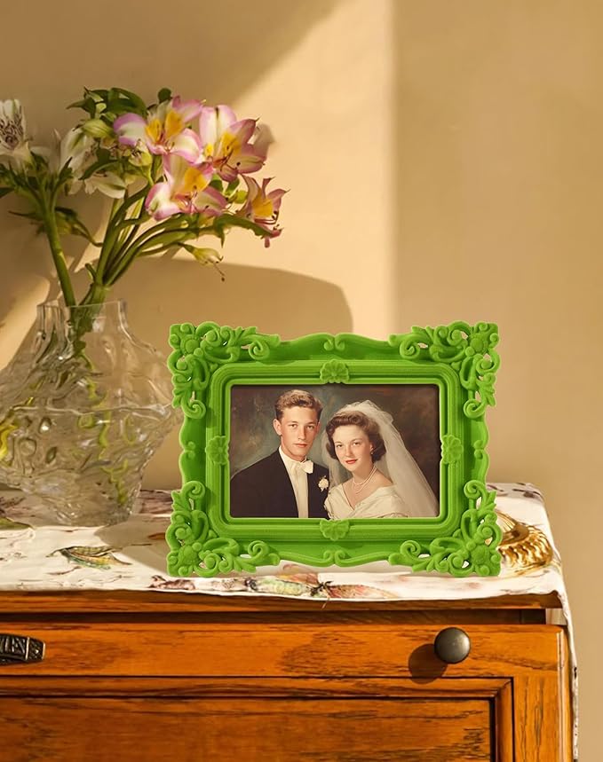 Cute Picture Frame 5x7, Green Rococo Ornate Frame for Plants Flower Art Prints Drawings, 5 by 7 Decorative Photo Frames with Real Glass and Stand, Gallery Home Office Decor (Lawn Green)
