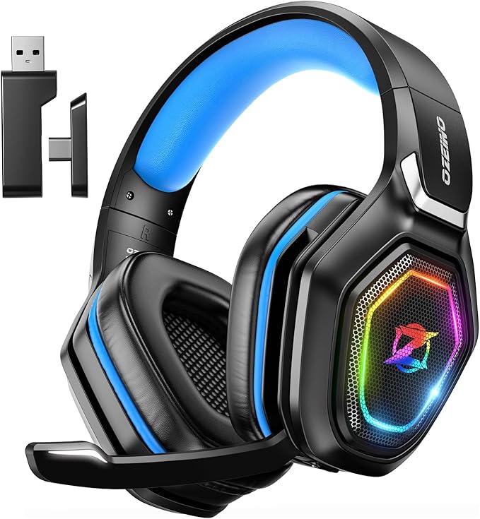 Ozeino 2.4GHz Gaming Headset Wireless with Flip Mic for Ps5, Ps4, PC, Gaming Headphones with RGB Light, 40Hr Battery Bluetooth Headset for Laptop, Mobile, Mac