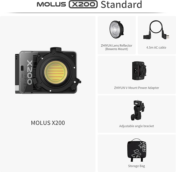 ZHIYUN MOLUS X200 Bi-Color Standard 200W Video Light [Official] Handheld Continuous Output Light Portable Professional Photography Light Bowens Mount 2700K~6500K CRI≥95 TLCI≥97 Only 800g (NO Battery)