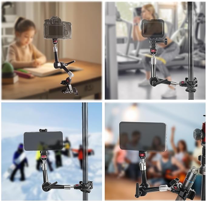FIFIELD CNC Machined 7" Articulating Magic Arm Clamp Mount with Super Clamp, 360° Dual Ball Head & 1/4" ARRI Locating Pin&Holes, Heavy-Duty Camera Monitor Mount for Camera, Phone, LED Light, Phone,7"