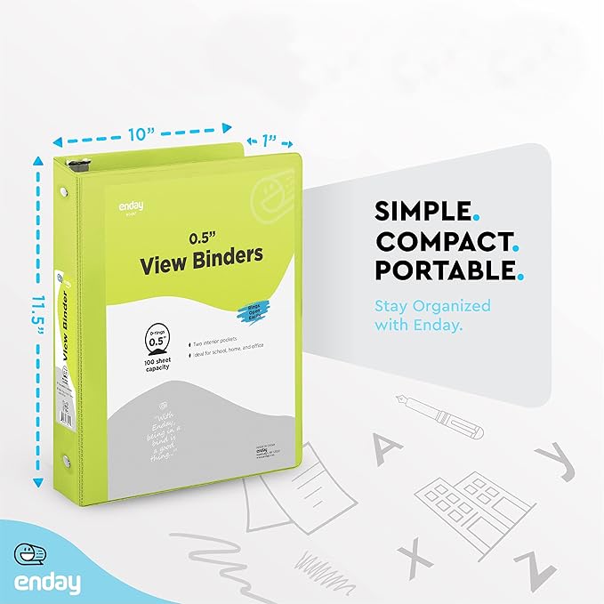 Enday 1/2 inch Binder 3 Ring Binder (6 Pack - Assorted Colors) O-Ring Binder with Clear View Cover and 2 Inside Pocket - for Letter Size 8.5 x 11'' Paper, Ideal for School Supplies, Office, and Home