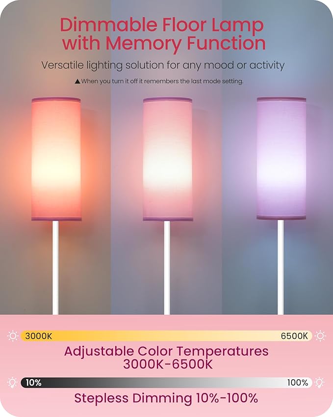 Dimmable Floor Lamps for Living Room with Remote and Foot Switch, 64.4” Modern Standing Tall Lamp, Corner Lamp for Bedroom, Bulb Included, 3000K-6500K, FCC Listed, Pink and White WP06LD05W1