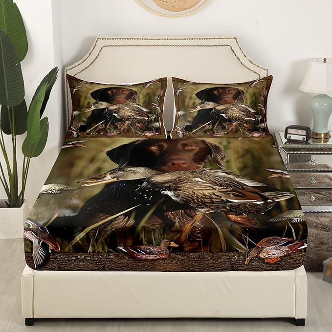 Erosebridal Duck Hunting Sheet Set Dog Hunter Bed Sheets for Kids Boys Girls Wild Animal Mallard Duck Print Fitted Sheet Hunting and Fishing Western Rustic Farmhouse Theme Flat Sheet Twin Size 3 Pcs
