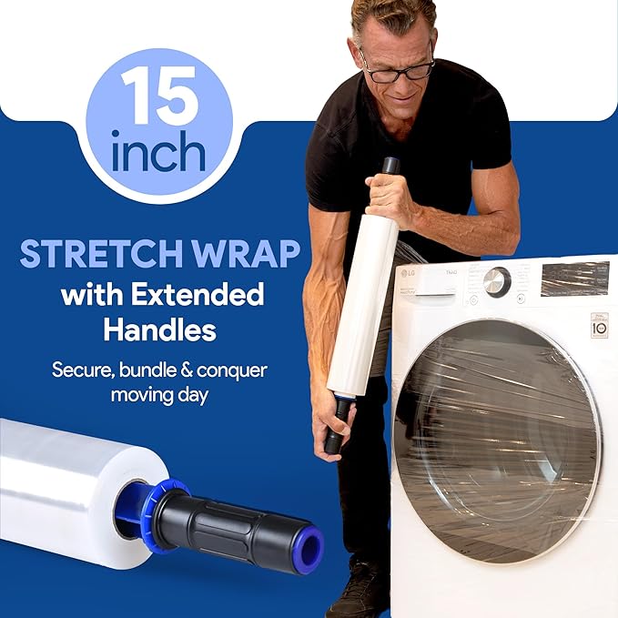 International Plastics Co. 70 Gauge 15" Plastic Stretch Film/Wrap with Extended Handles 1000ft Clear Moving Industrial Packing Heavy Duty Shrink Cling Durable Furniture (Extended Handles, 4 Pack)