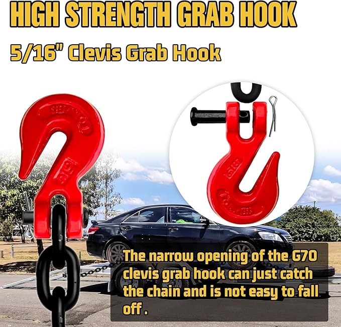 5/16" Binder Chain,25FT Trailer Safety Chains with Clevis Grab Hooks, 4:1 Safety Factor, 4,900 lbs Safe Working Load | Heavy Duty Chain for Towing,Transporting,Logging(EP Black)