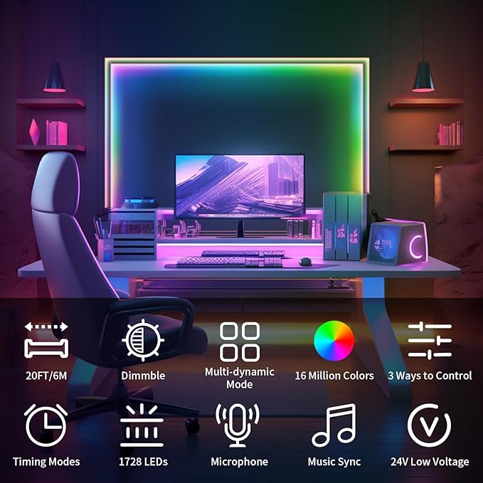 20FT LED Strip Lights COB Smart IC, 24V RGB LED Lights for Bedroom with RF Remote Smart App Button Controller Music Sync Color Changing Strip Lights for Game Room Kitchen Cabinet Lighting