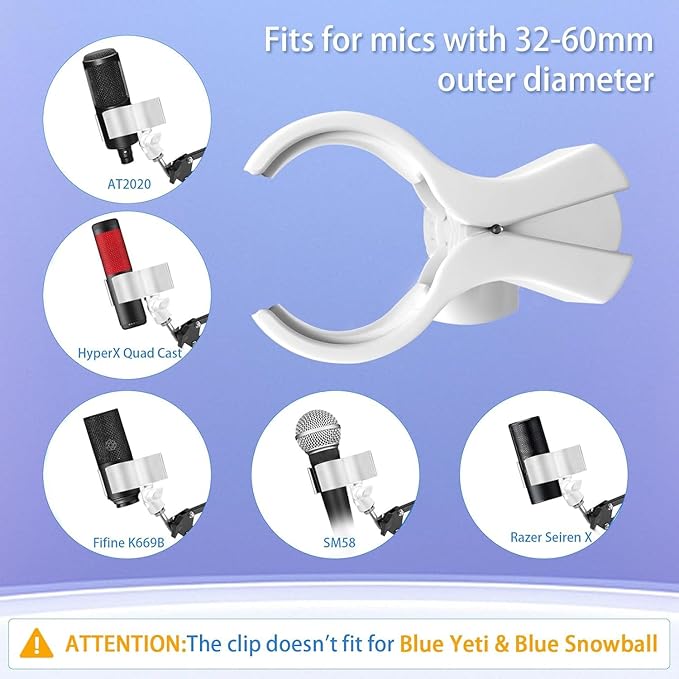 BILIONE 4 Pcs Versatile Mic Clip, Adjustable Microphone Holder Clip for Microphones with Outer Diameter Between 32mm and 60mm, with 5/8" to 3/8" Screw Adapter (White)