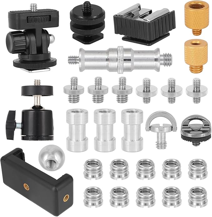 30pcs Camera Tripod Mount Kit, Camera Tripod Adapter Screw Kit Including 1/4 to 3/8 Inch Threaded Converters & 1/4 Inch Swivel Ball Head for DSLR Cameras, Monopods, etc