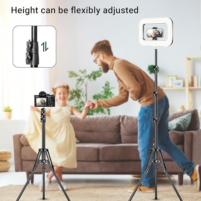 Rechargeable Ring Light with Stand for Video Recording, Dimmable Lighting Tripod for iPhone, Square Light with Phone Holder for Content Creators, Selfie, Makeup, Live Streaming, TikTok